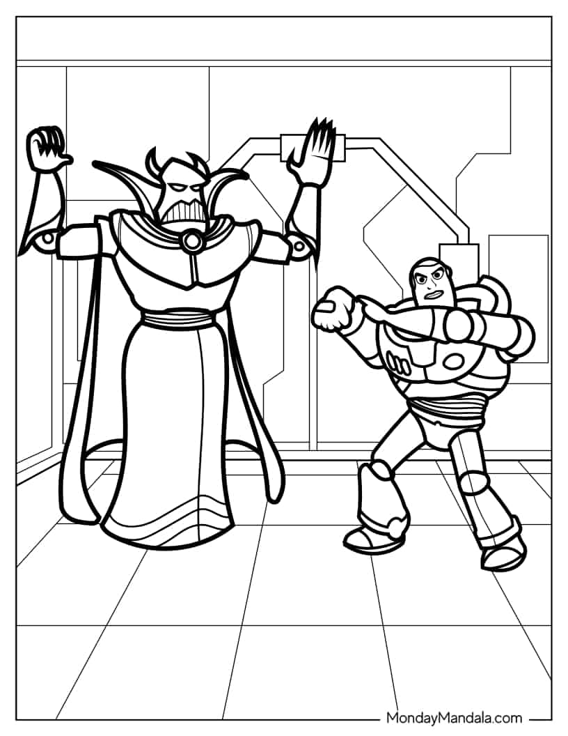 Buzz Lightyear Fighting Evil Emperor Zurg coloring page — printable line art
