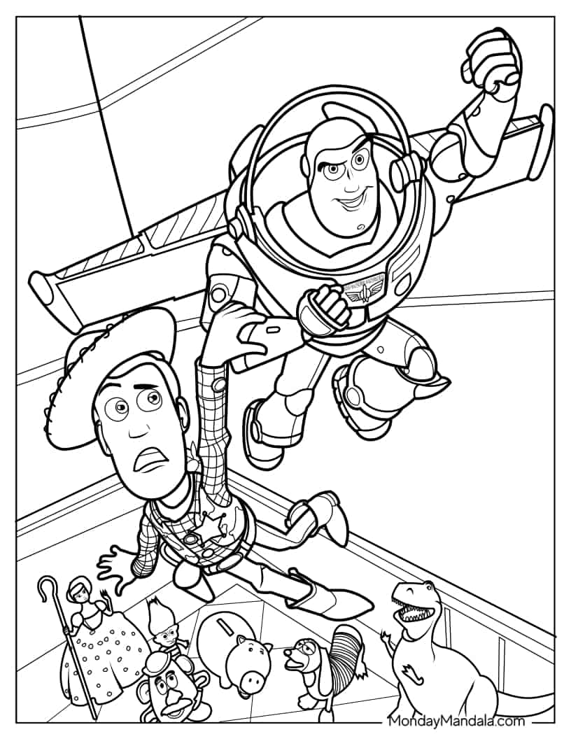 Buzz Lightyear Flying With Frightened Woody In Toy Story coloring page — printable line art