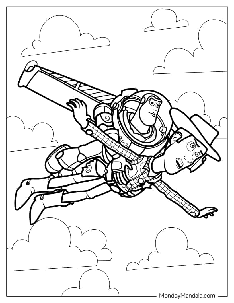 Buzz Lightyear Flying With Woody coloring page