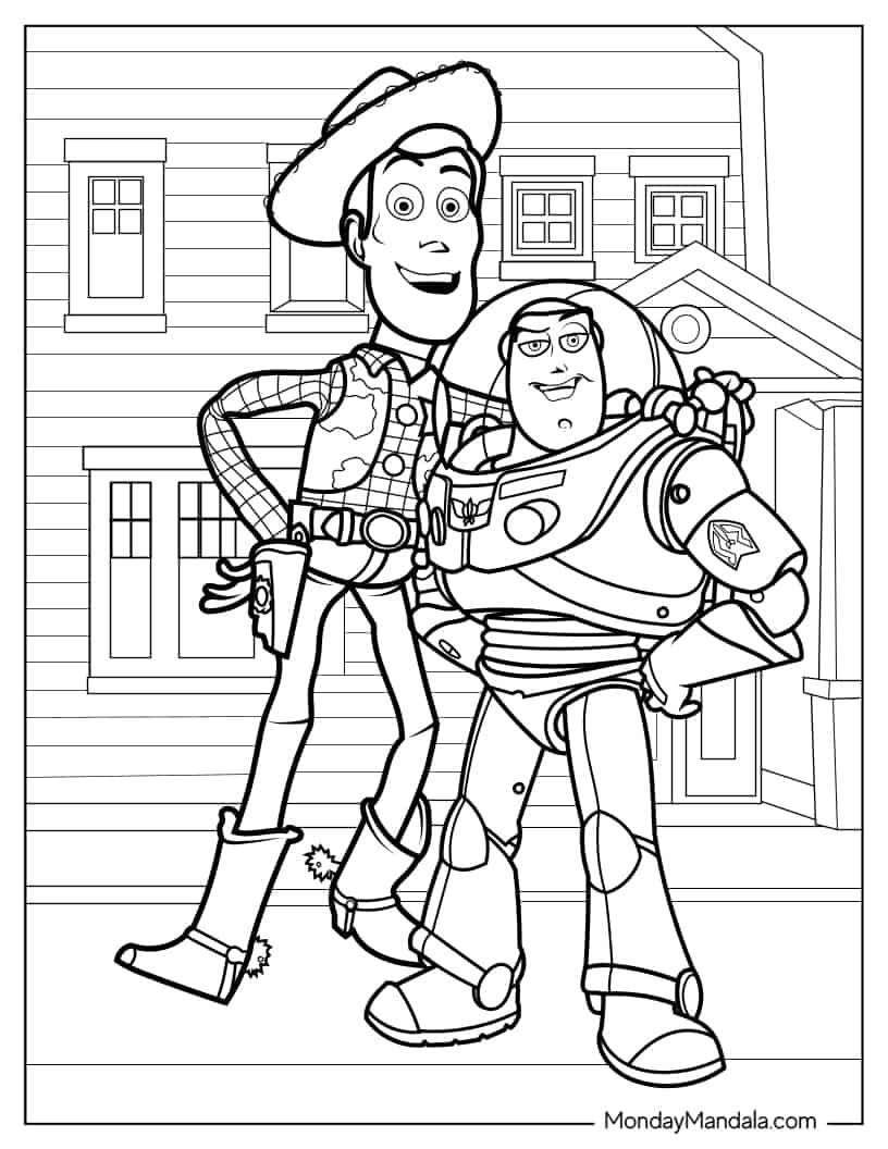 Woody And Buzz Lightyear Standing In Front Of Doll House Coloring In coloring page
