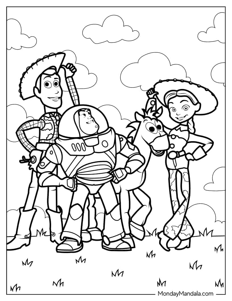 Woody, Buzz Lightyear, Bullseye, And Jessie coloring page