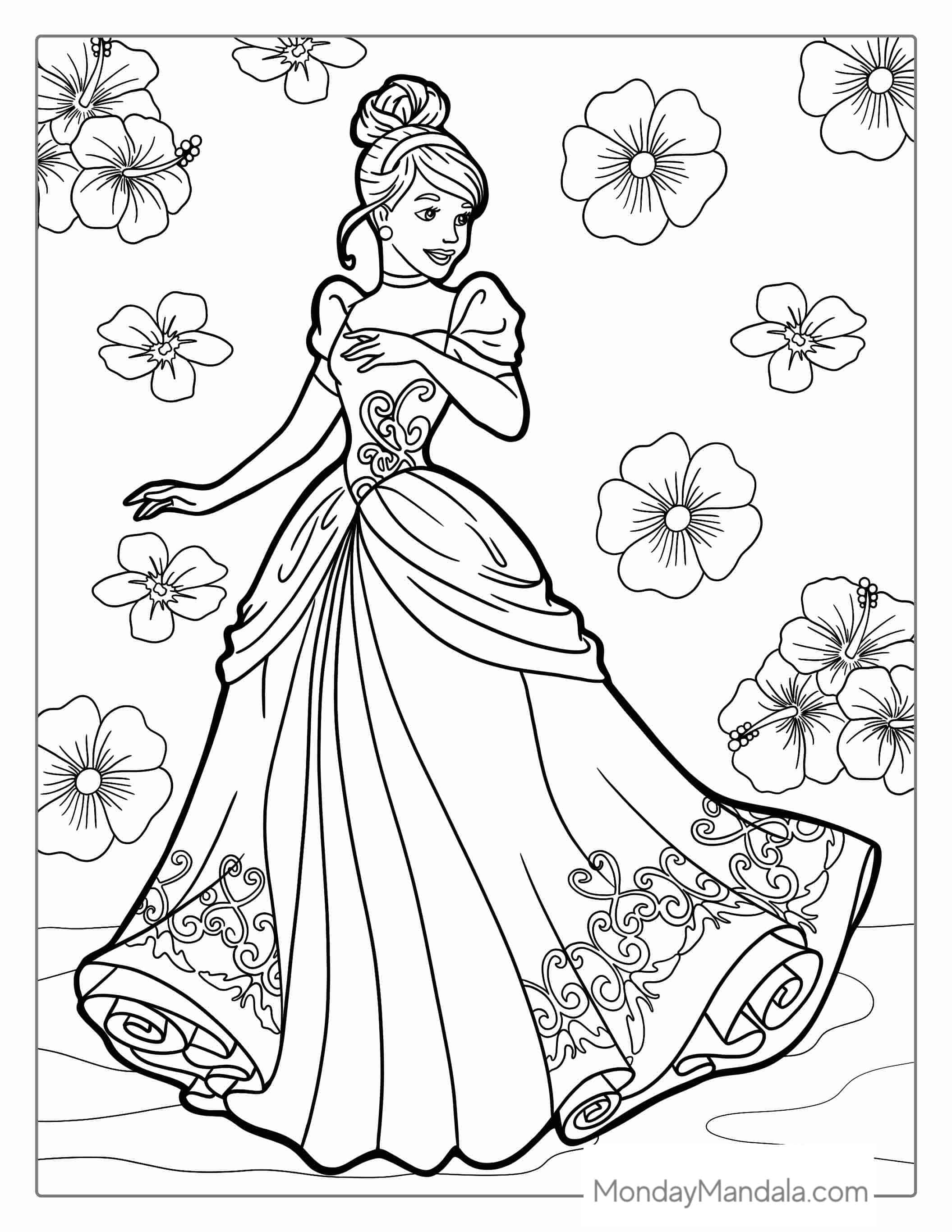 Beautiful Cinderella Dress With Flower Background coloring page