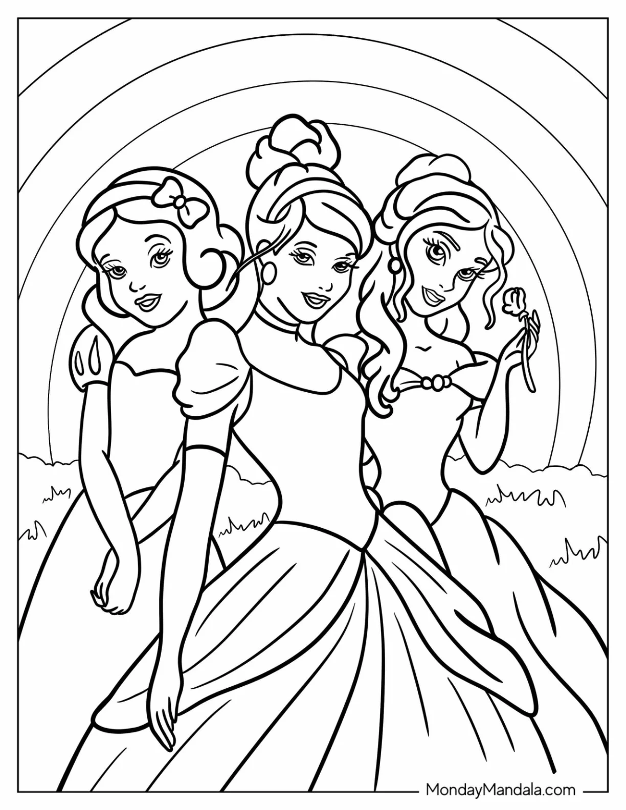 Beautiful Snow White, Cinderella, And Belle In Front Of A Rainbow Coloring Sheet coloring page — printable line art