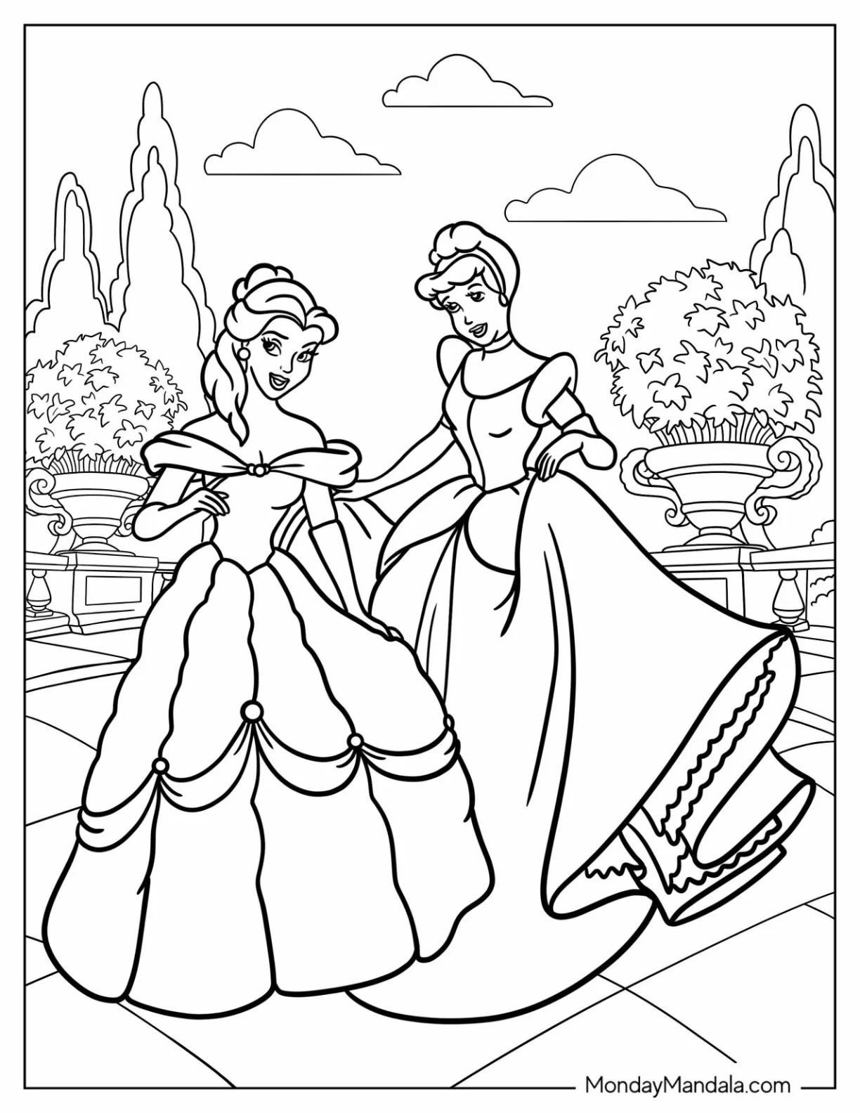 Belle And Cinderella In The Castle Garden Coloring Page coloring page — printable line art