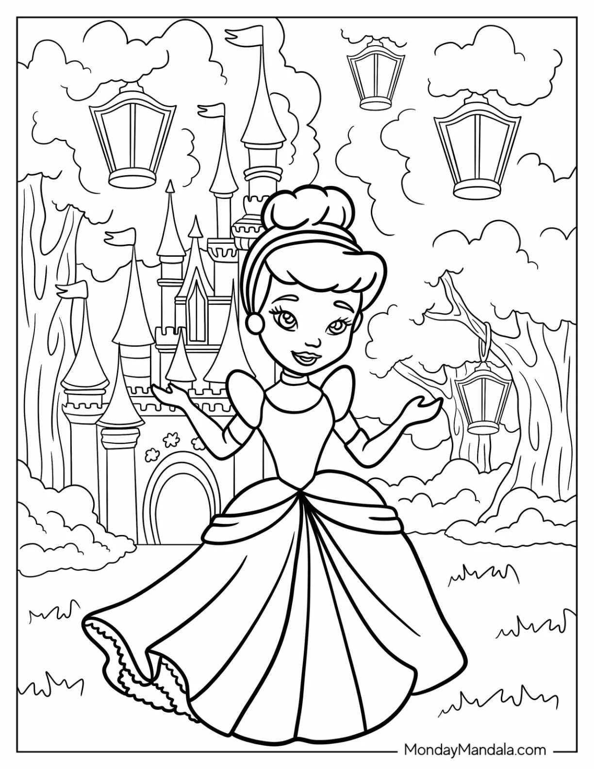 Chibi Cinderella Standing Outside The Castle With Lamps Coloring Sheet For Kids coloring page