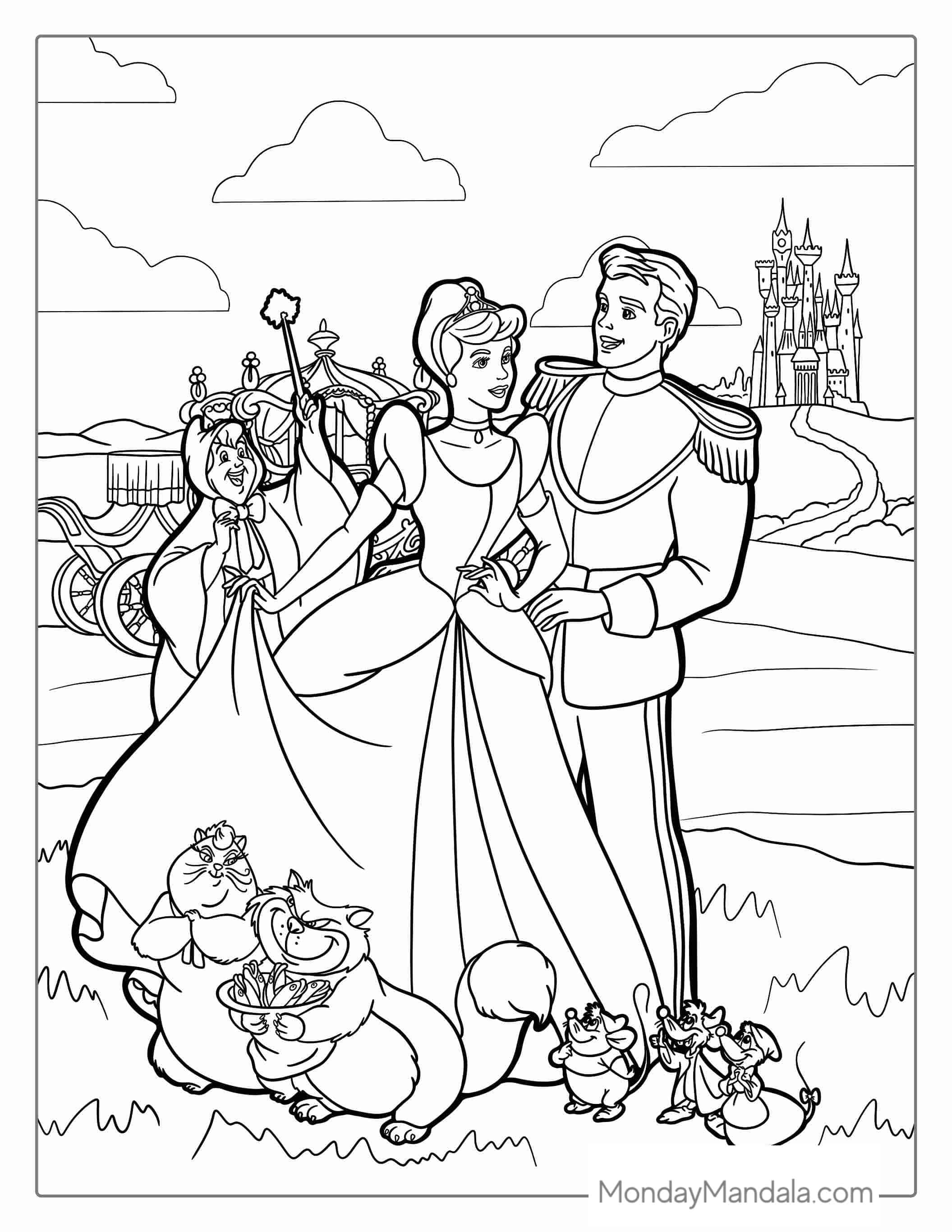 Cinderella And Prince Charming Coloring Sheet For Kids coloring page — printable line art