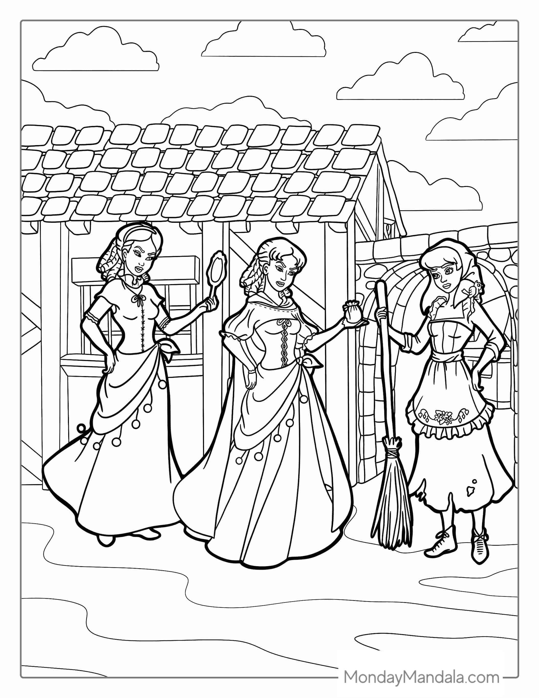 Cinderella And The Ugly Stepsisters Coloring Page coloring page