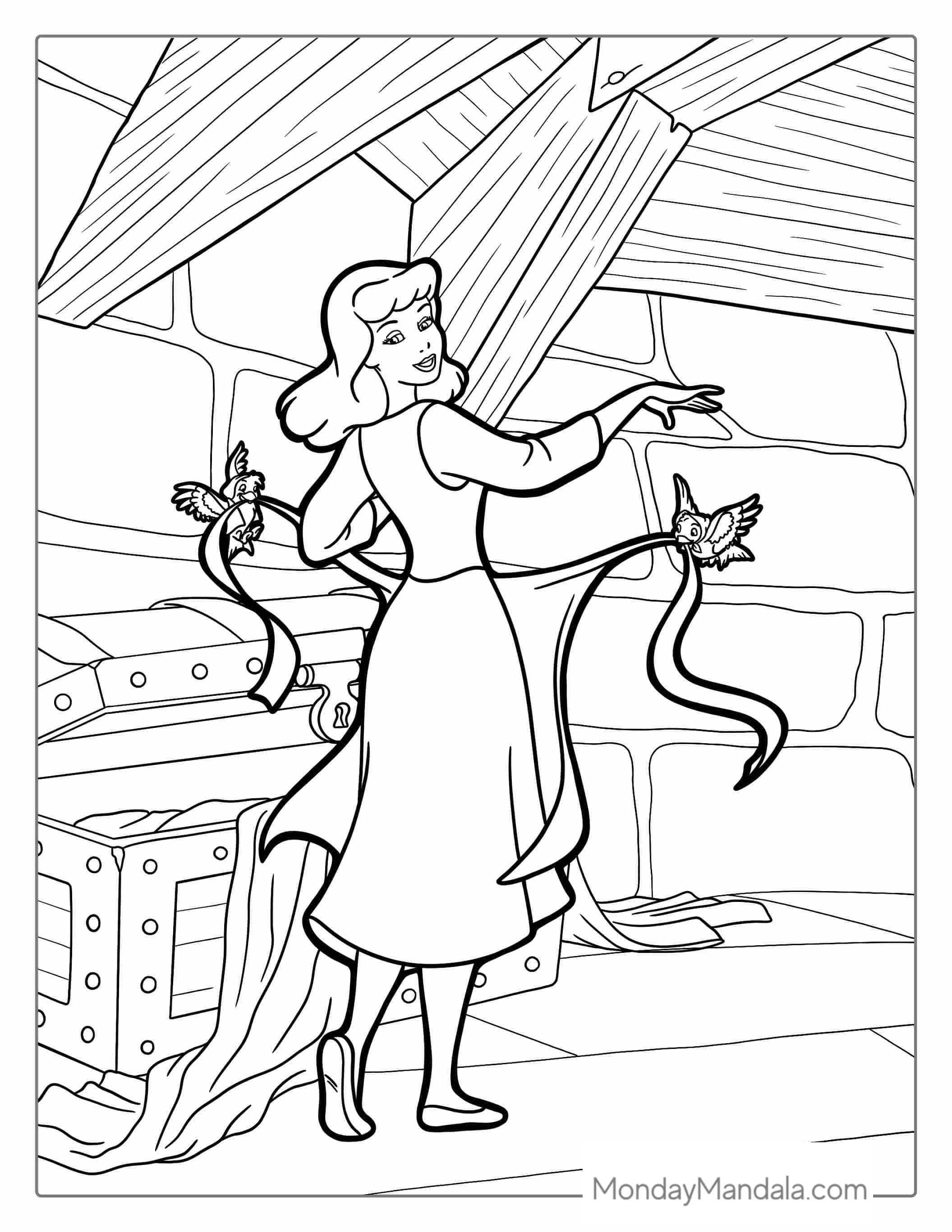 Cinderella Being Dressed My Magical Birds coloring page