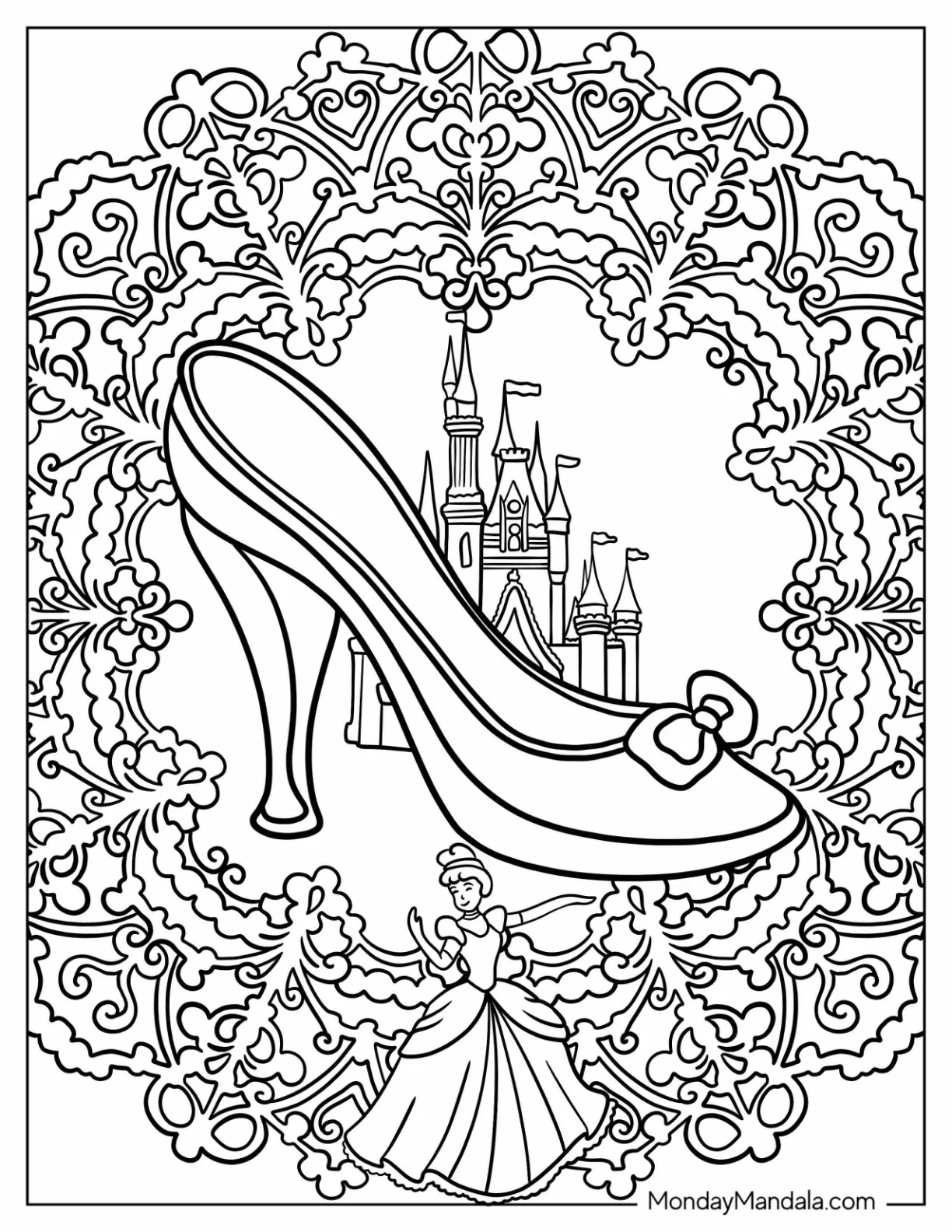 Cinderella s Glass Slipper With Bow Coloring Sheet For Kids coloring page — printable line art