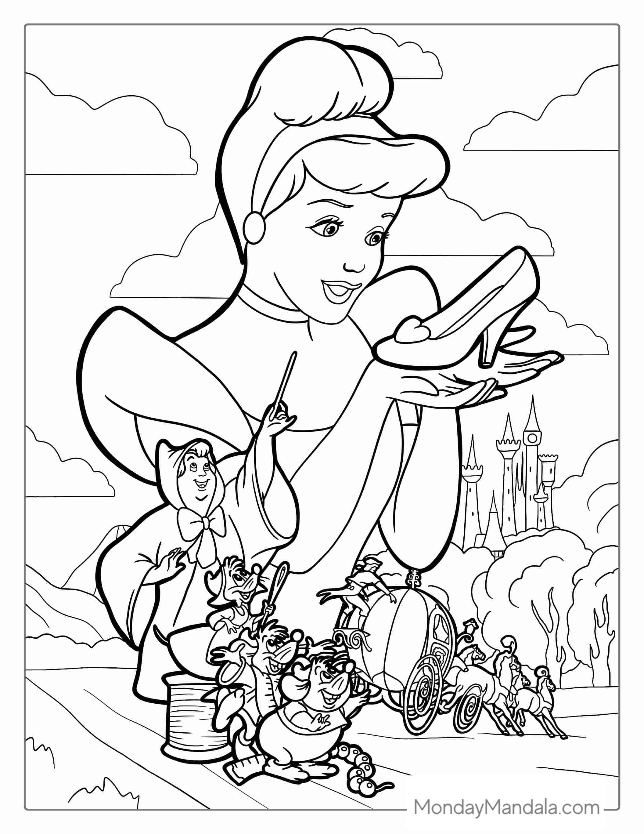 Cinderella With Mice, Fairy And Carriage To Color For Kids coloring page