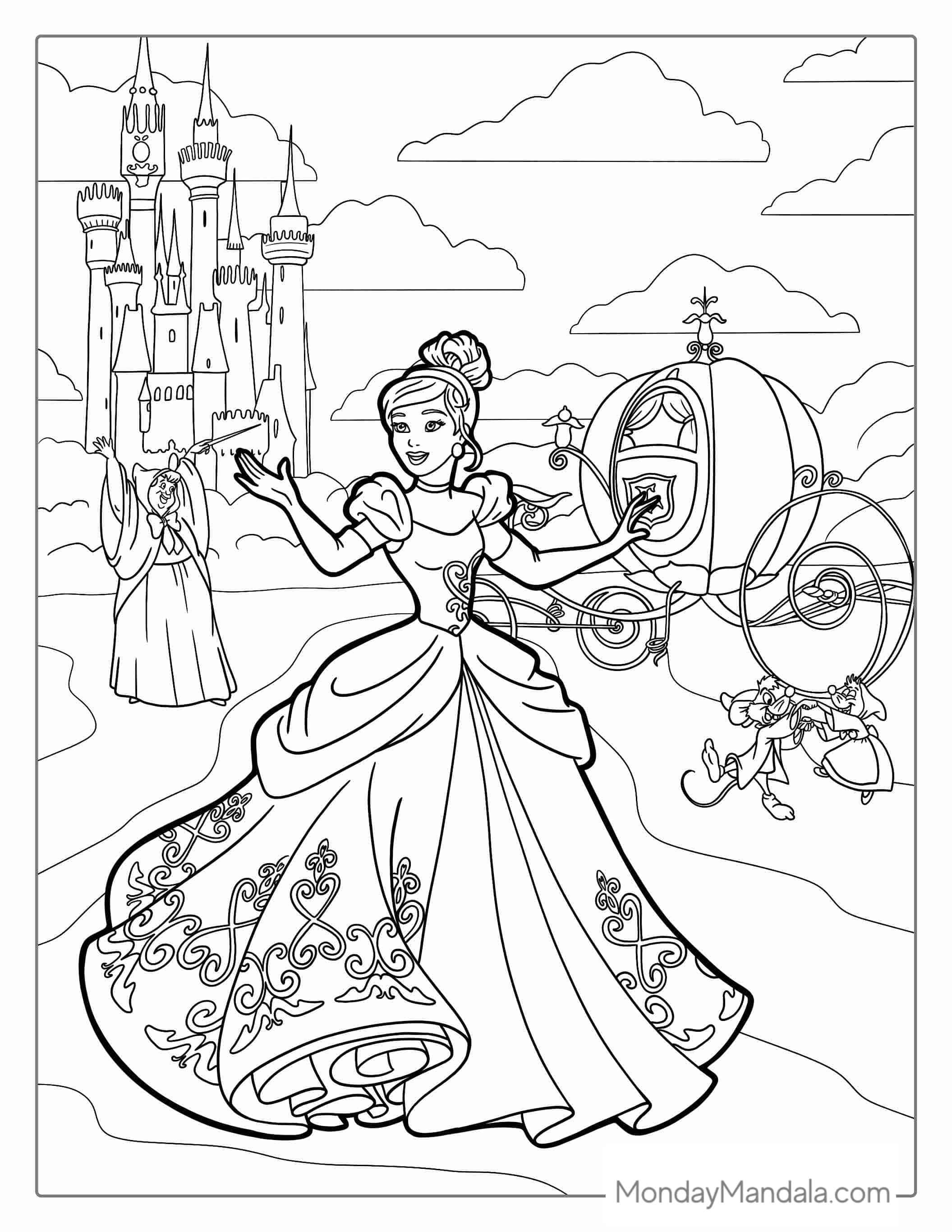 Cinderella With Pumpkin Coach, Castle And Fairy Godmother coloring page