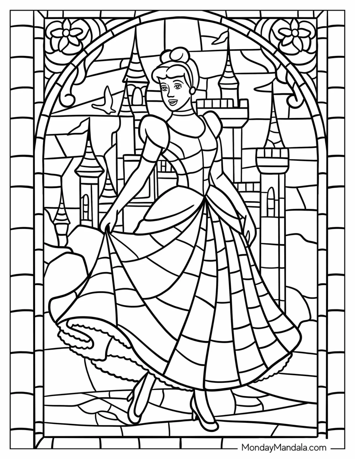 Detailed Cinderella Stained Glass With Castle And Roses coloring page — printable line art