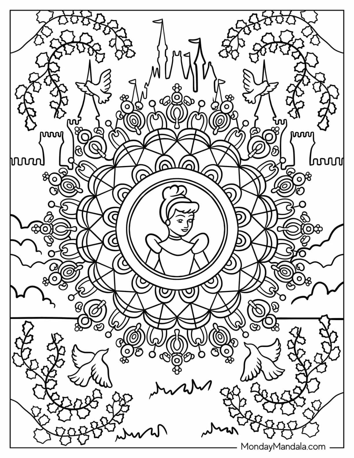Fantastical Cinderella Mandala With A Castle And Doves coloring page