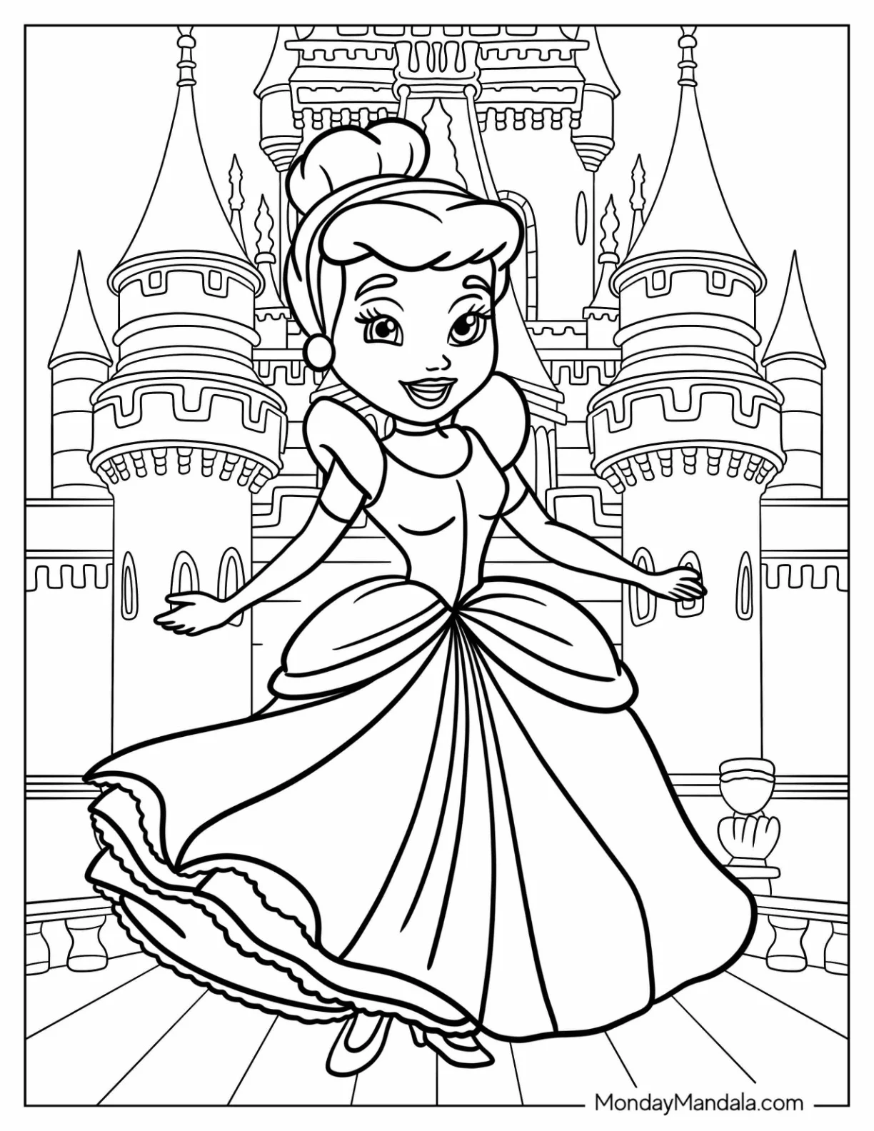 Kawaii Chibi Cinderella Outside Castle Coloring Page For Kids coloring page — printable line art