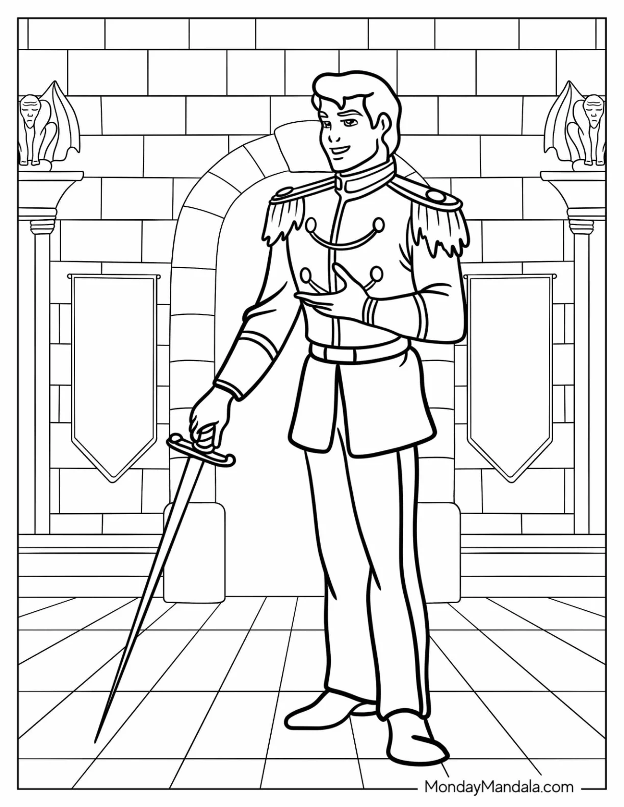 Prince Charming Holding A Sword Inside The Castle Coloring Sheet coloring page — printable line art