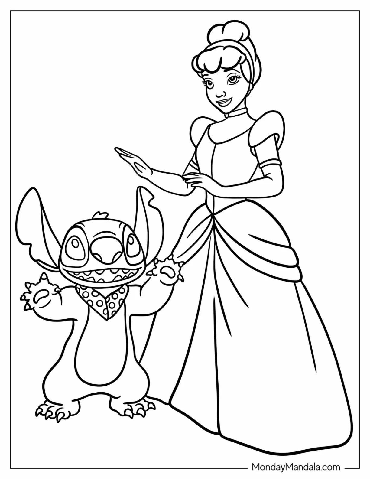 Stitch With Cinderella Coloring Page For Kids coloring page — printable line art