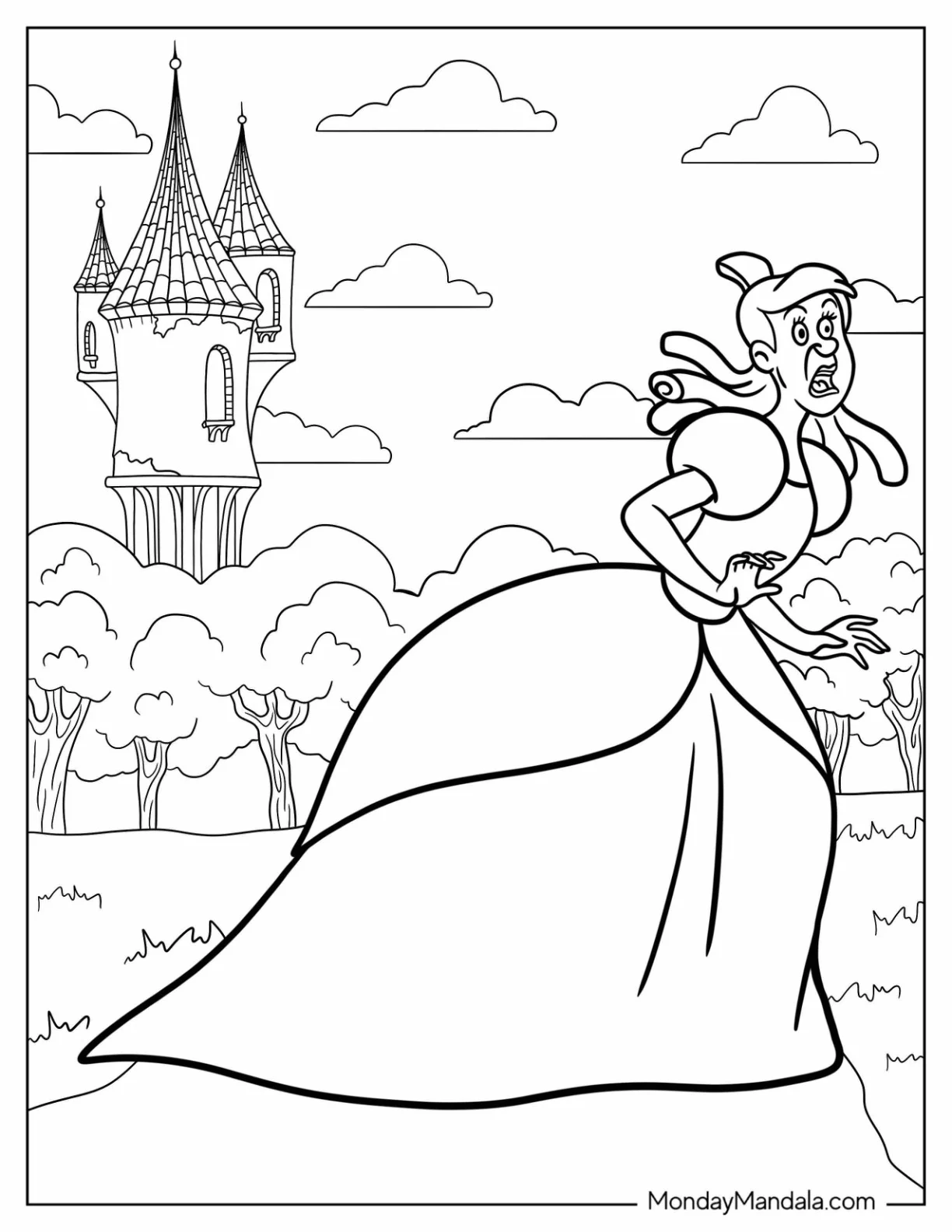Wicked Stepsister Running Away From The Castle Coloring Sheet coloring page