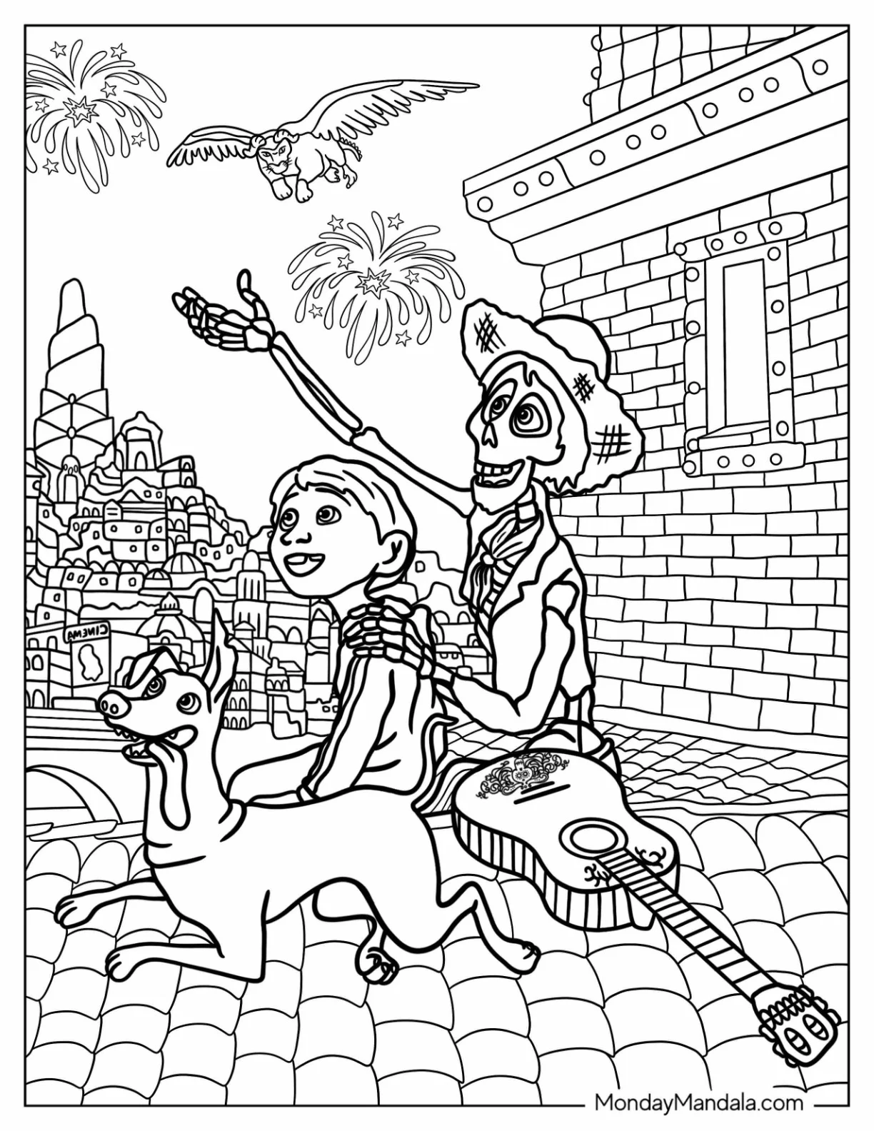 Coco Coloring Page of Detailed Miguel, Hector, Dante, And Pepito coloring page