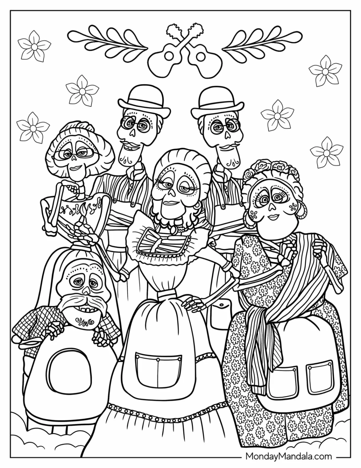 Coco Coloring Page of Detailed Skeleton Family coloring page