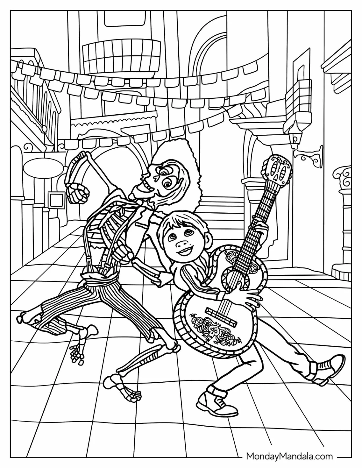 Coco Coloring Page of Miguel And Hector Dancing And Playing Guitar coloring page