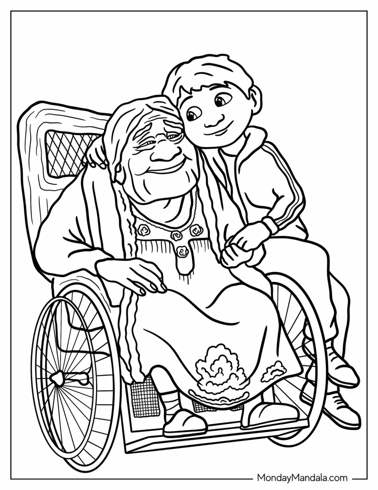 Coco Coloring Page of Miguel Embracing Mama Coco coloring page