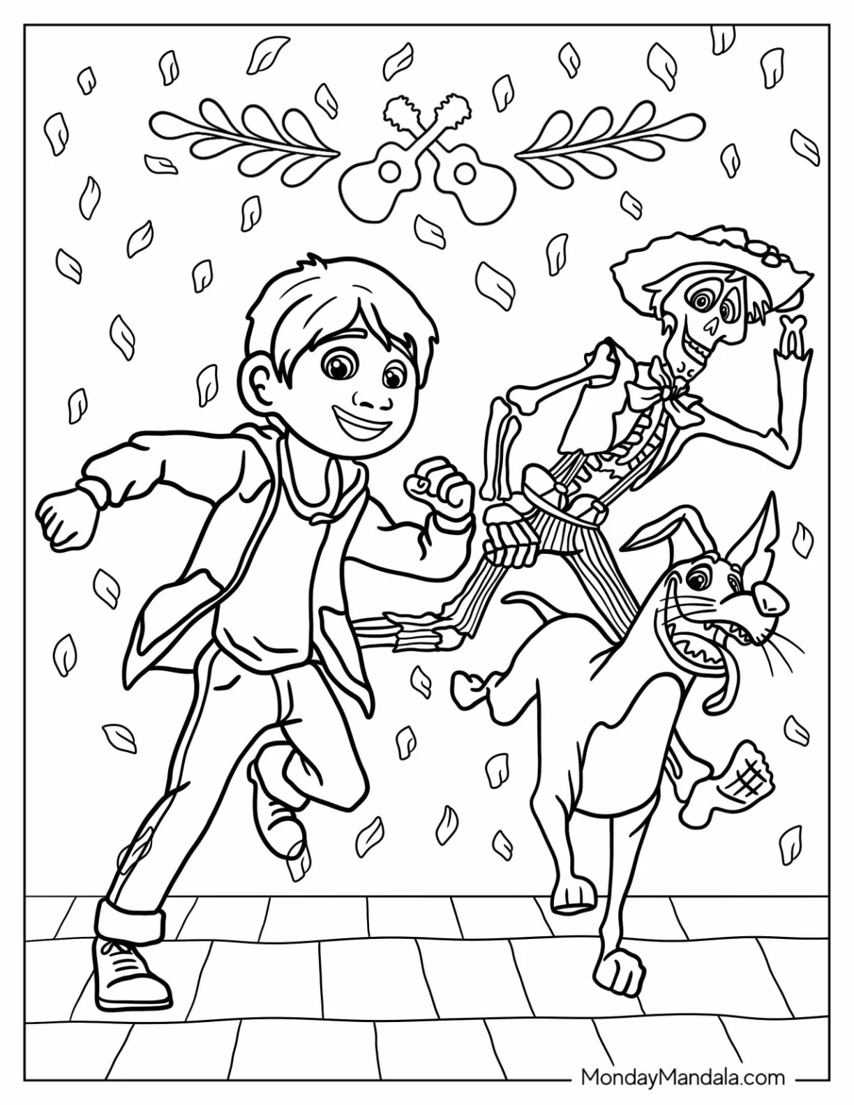 Coco Coloring Page of Miguel, Hector, And Dante Running coloring page — printable line art
