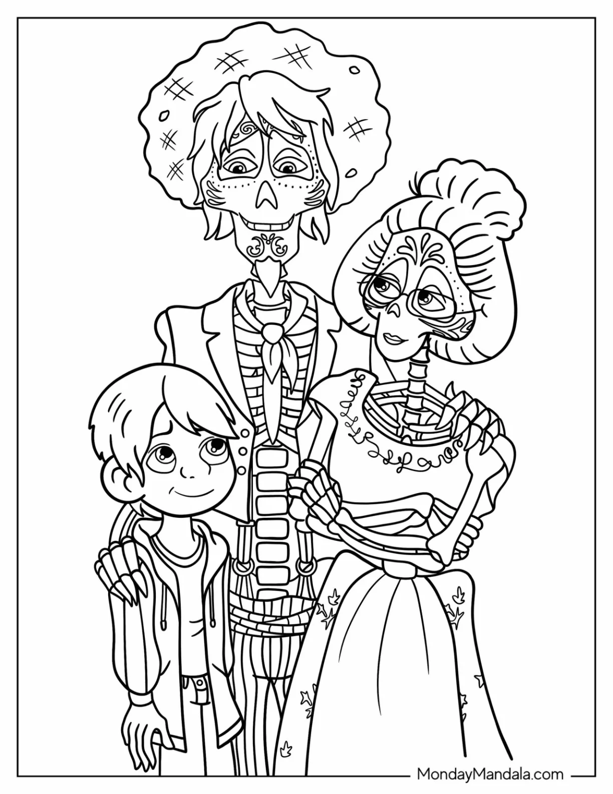 Coco Coloring Page of Miguel, Hector, And Imelda coloring page