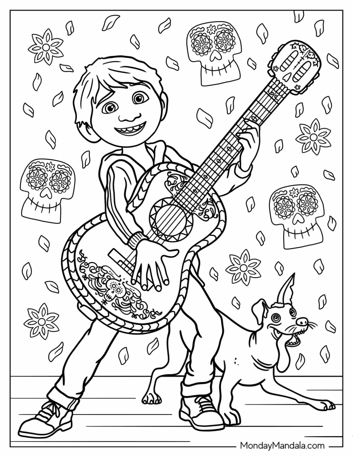 Coco Coloring Page of Miguel Rivera Making Music coloring page — printable line art