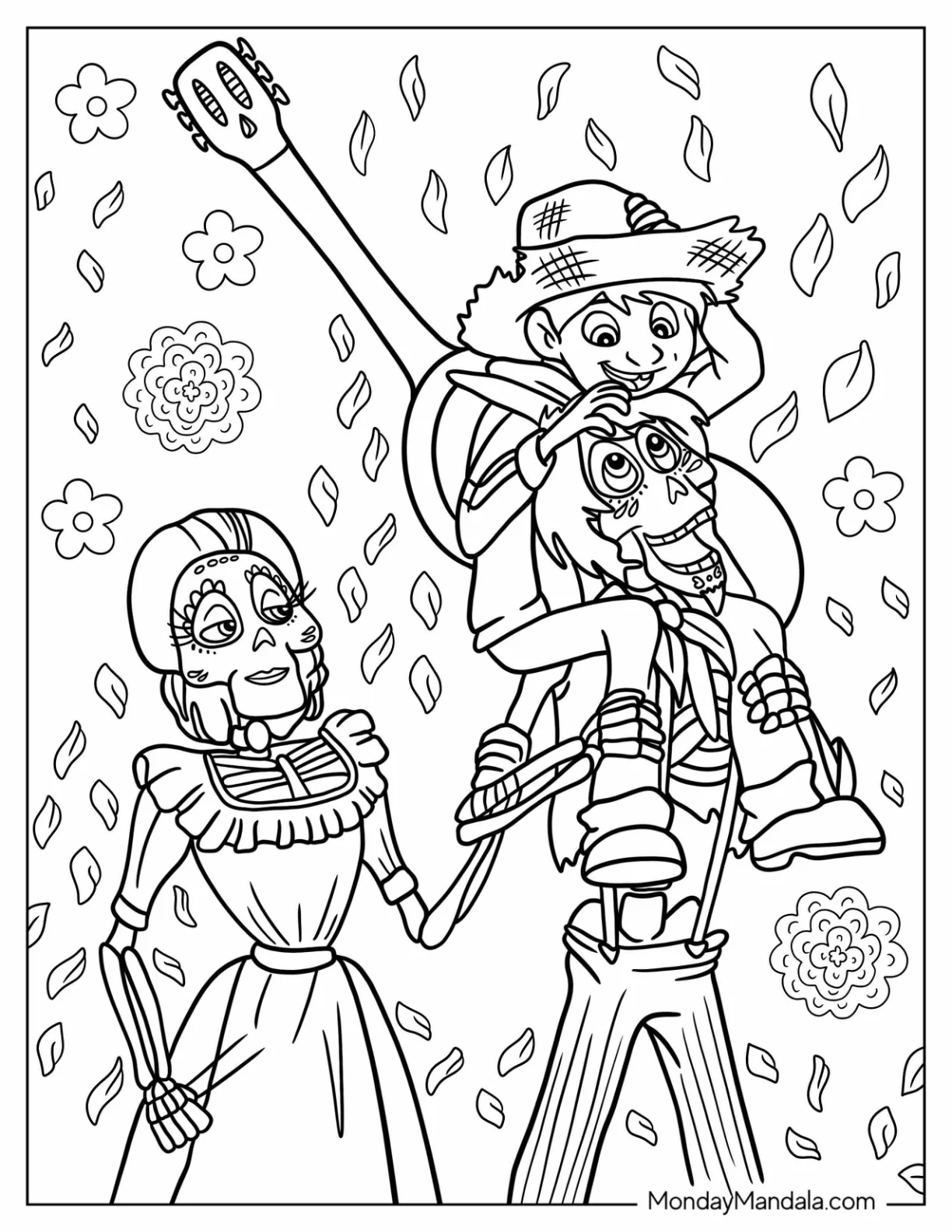 Coco Coloring Page of Miguel Sitting On Hector's Shoulders coloring page