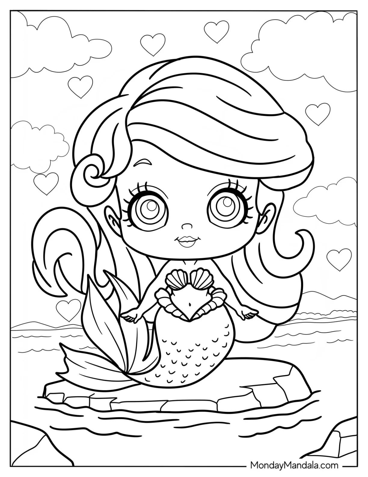 Cute Disney Coloring Page Of Beautiful Ariel With Love Hearts In The Sky coloring page