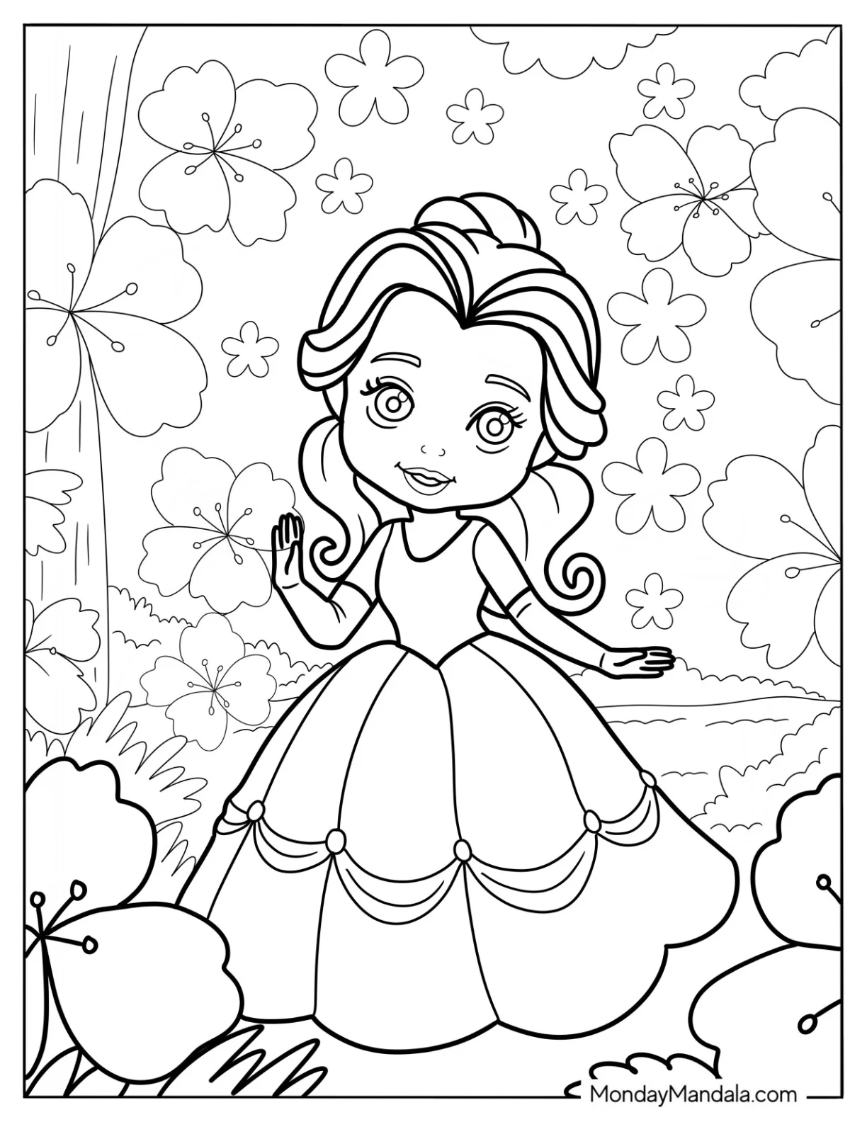 Cute Disney Coloring Page Of Belle In A Ball Gown For Preschoolers coloring page