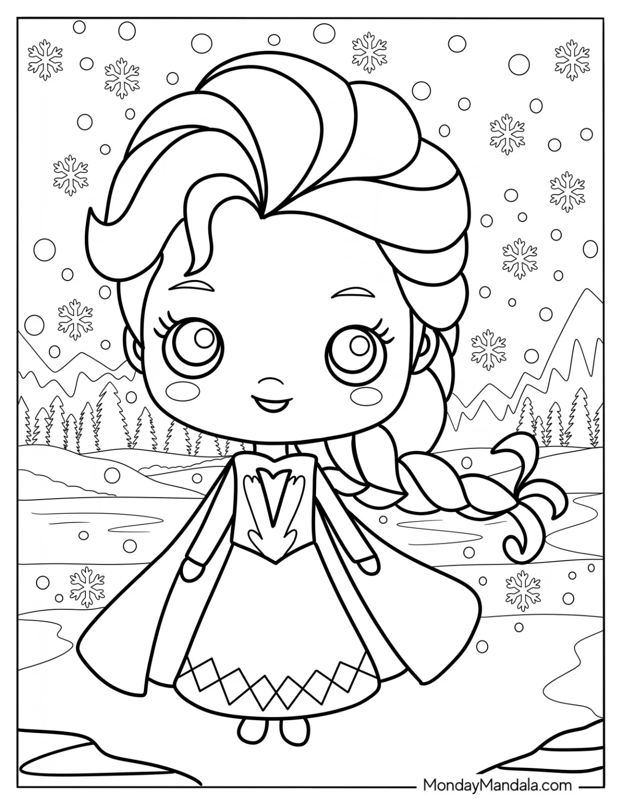 Cute Disney Coloring Page Of Chibi Princess Elsa In The Snow For Kids coloring page