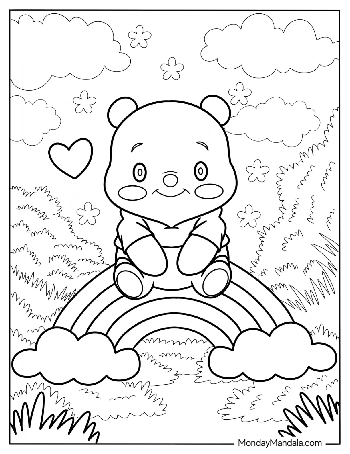Cute Disney Coloring Page Of Cute Winnie The Pooh Sitting On A Rainbow coloring page