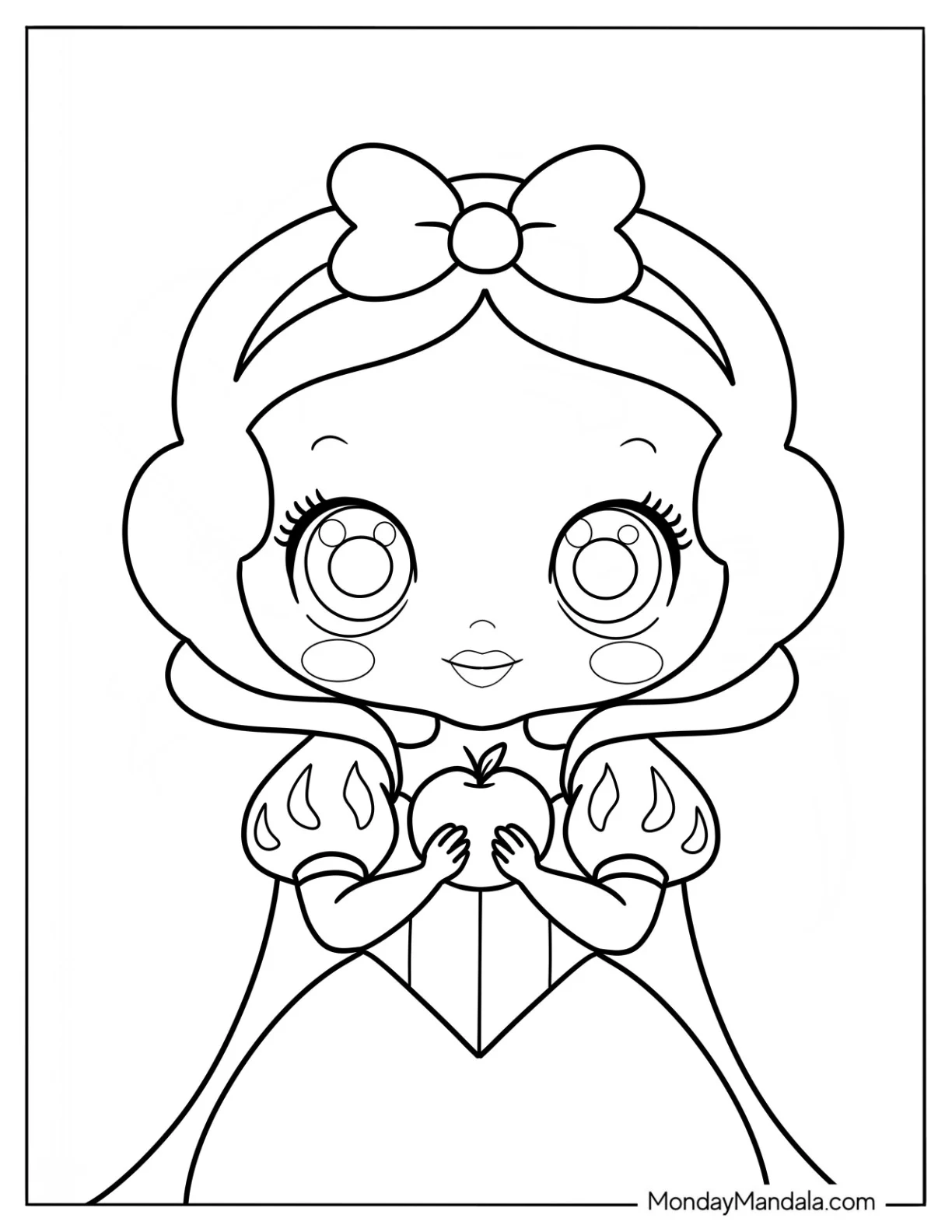 Cute Disney Coloring Page Of Easy Cute Snow White Holding An Apple For Preschoolers coloring page
