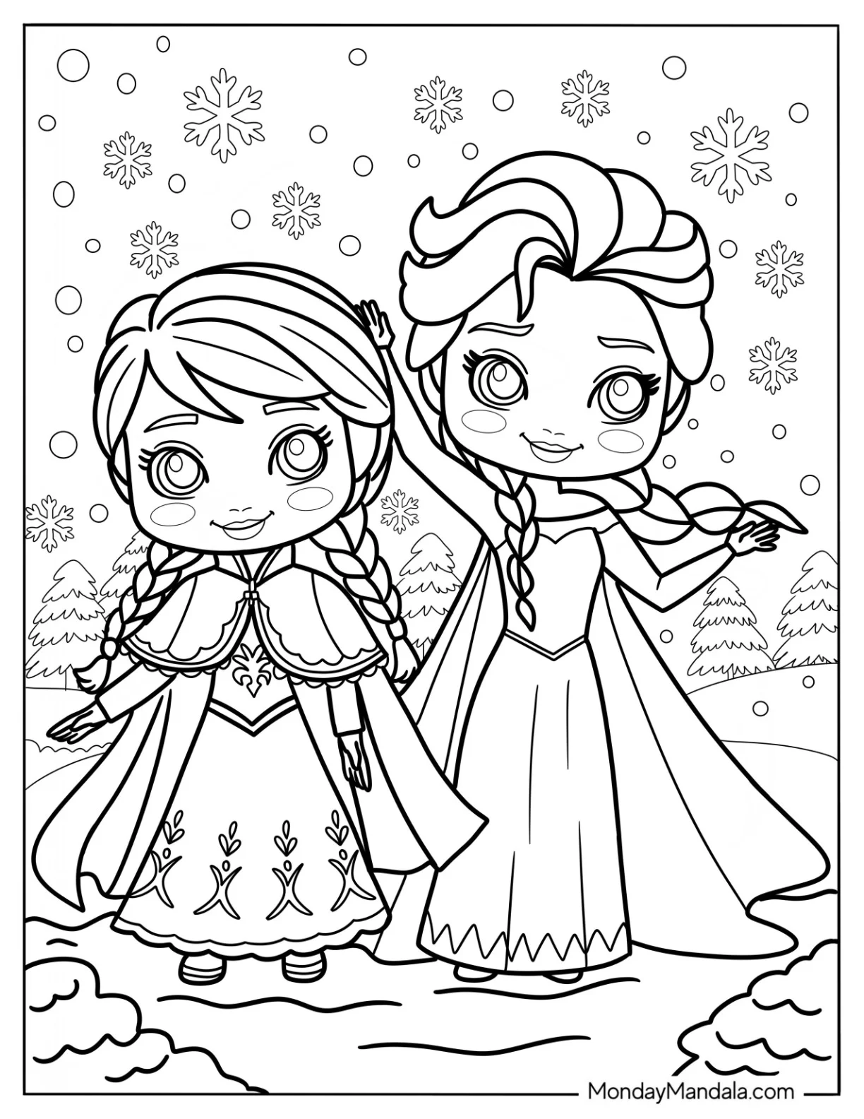 Cute Disney Coloring Page Of Elsa And Anna In The Snow coloring page