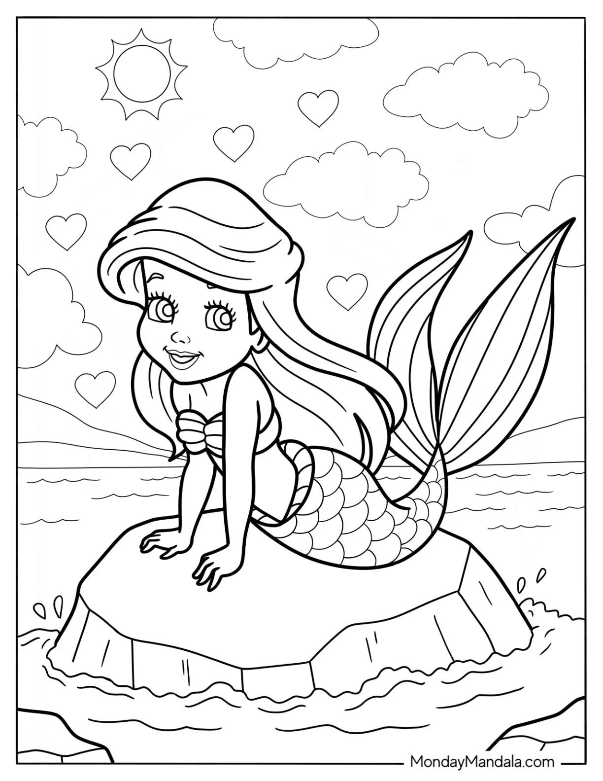 Cute Disney Coloring Page Of Little Ariel On A Rock coloring page