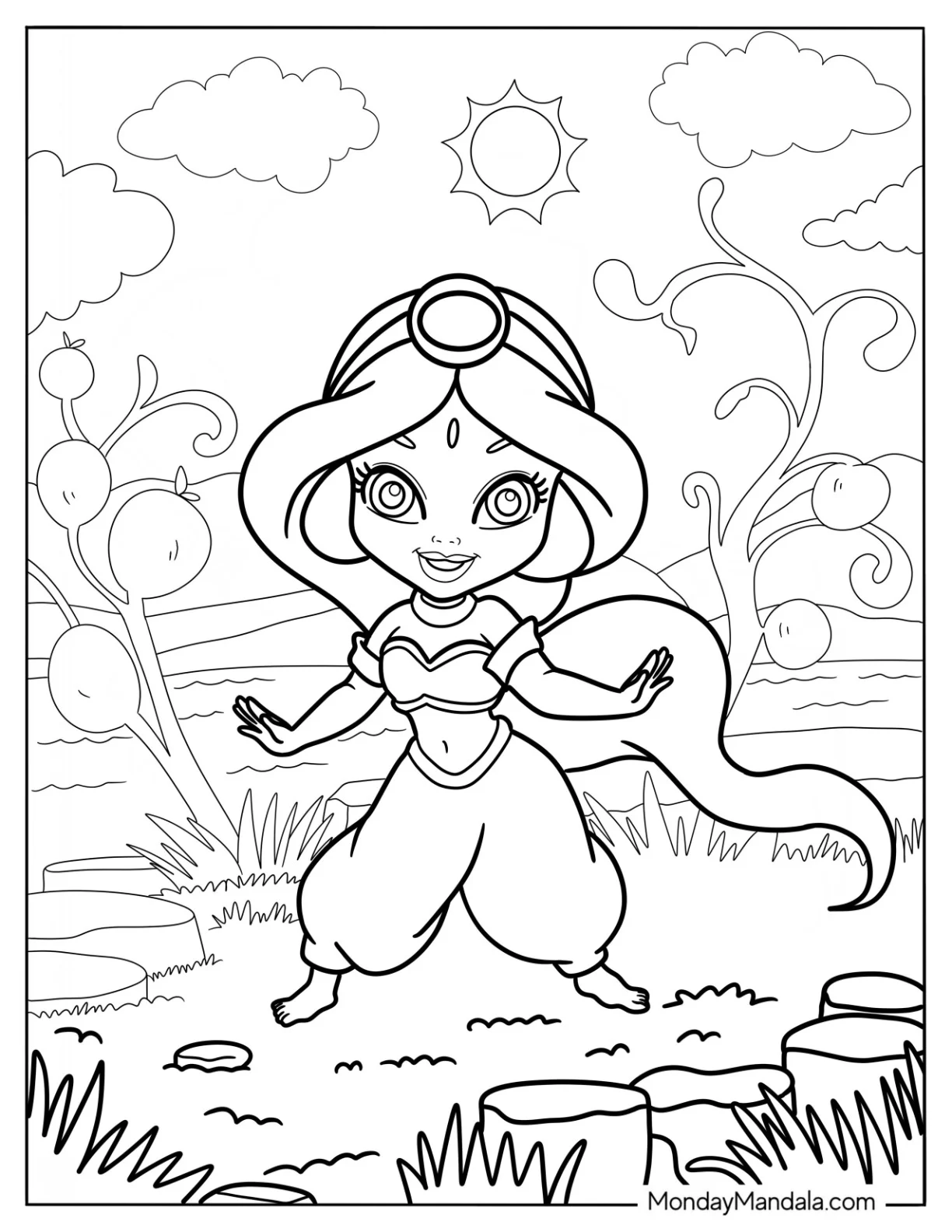 Cute Disney Coloring Page Of Little Jasmine In A Garden coloring page