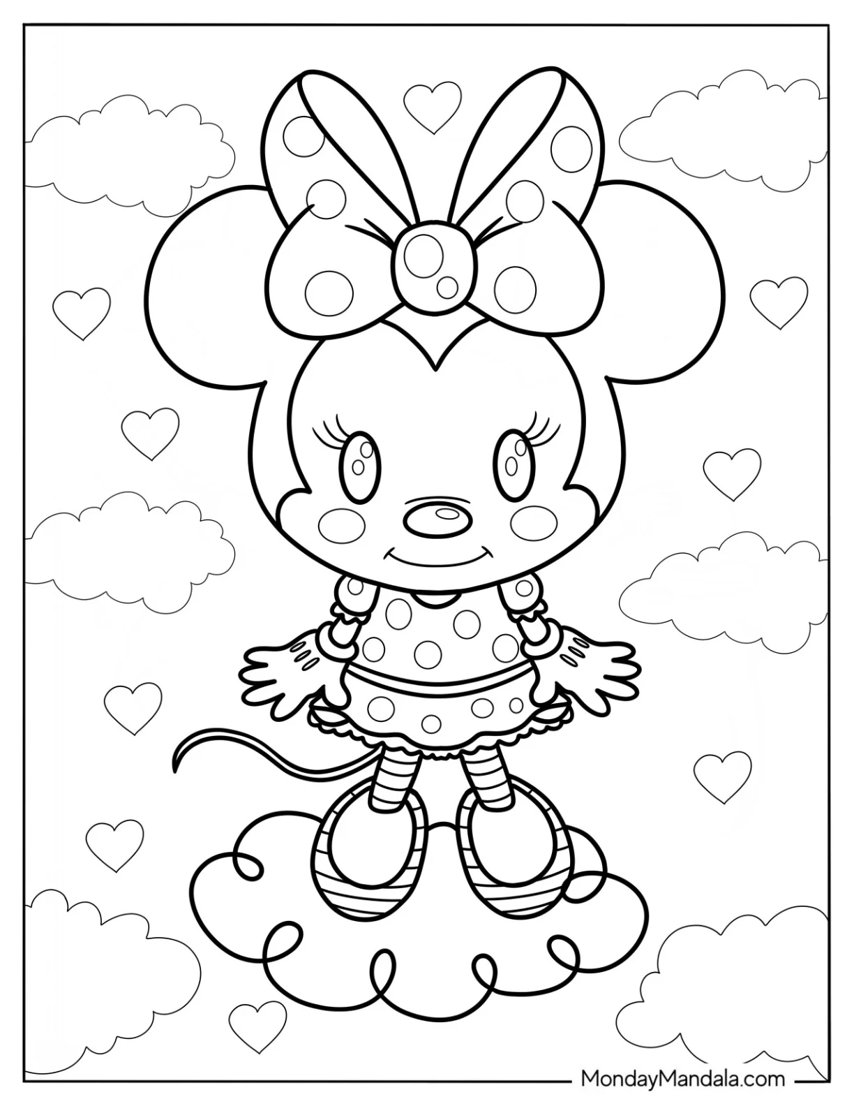 Cute Disney Coloring Page Of Minnie Mouse In The Clouds For Kids coloring page