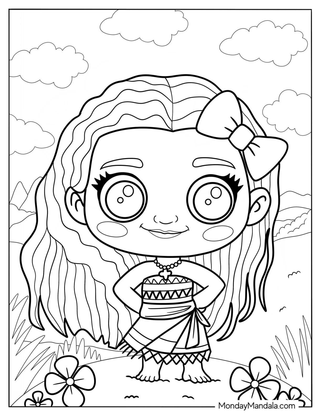 Cute Disney Coloring Page Of Moana With A Bow In Her Hair coloring page