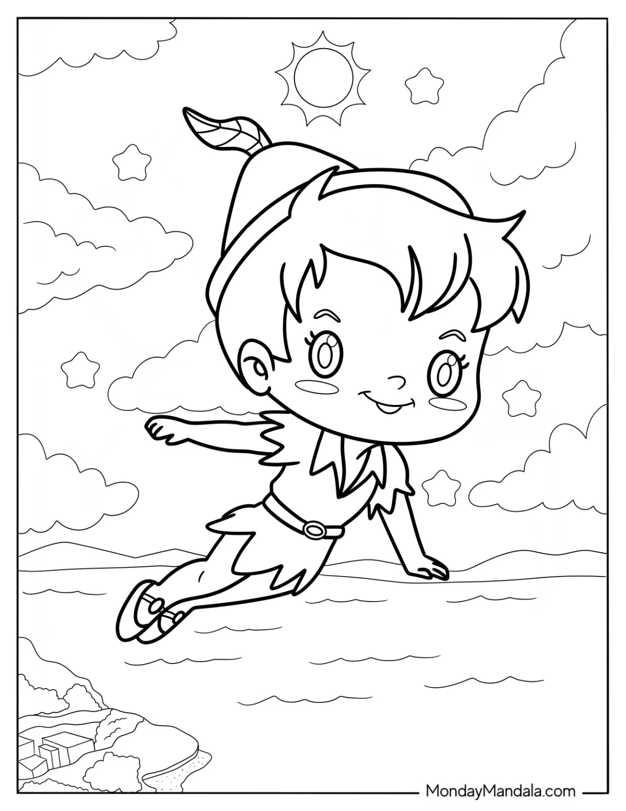 Cute Disney Coloring Page Of Peter Pan Flying Over The Ocean coloring page