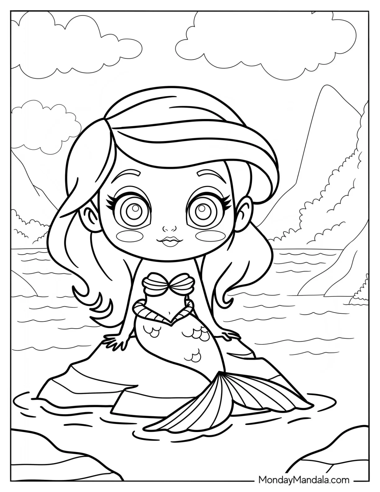 Cute Disney Coloring Page Of Pretty Little Mermaid Perched On A Rock coloring page