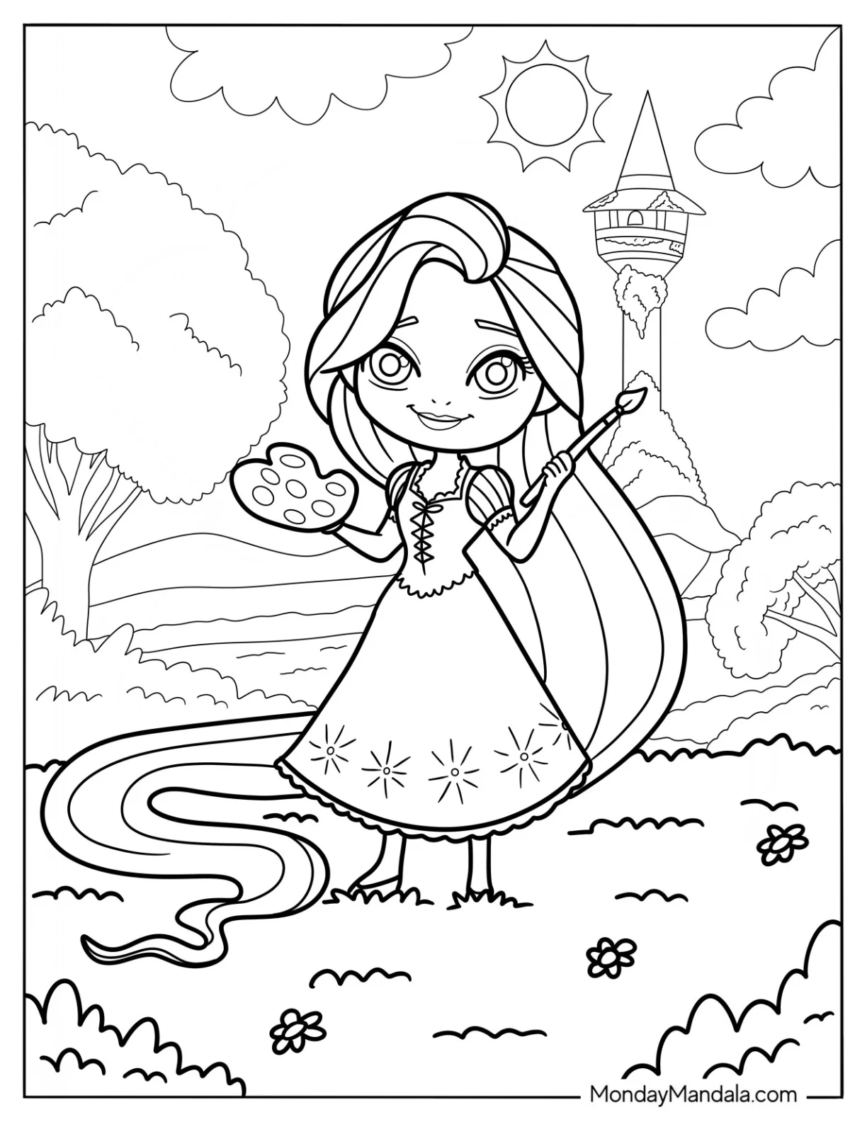 Cute Disney Coloring Page Of Rapunzel Painting Outdoors coloring page
