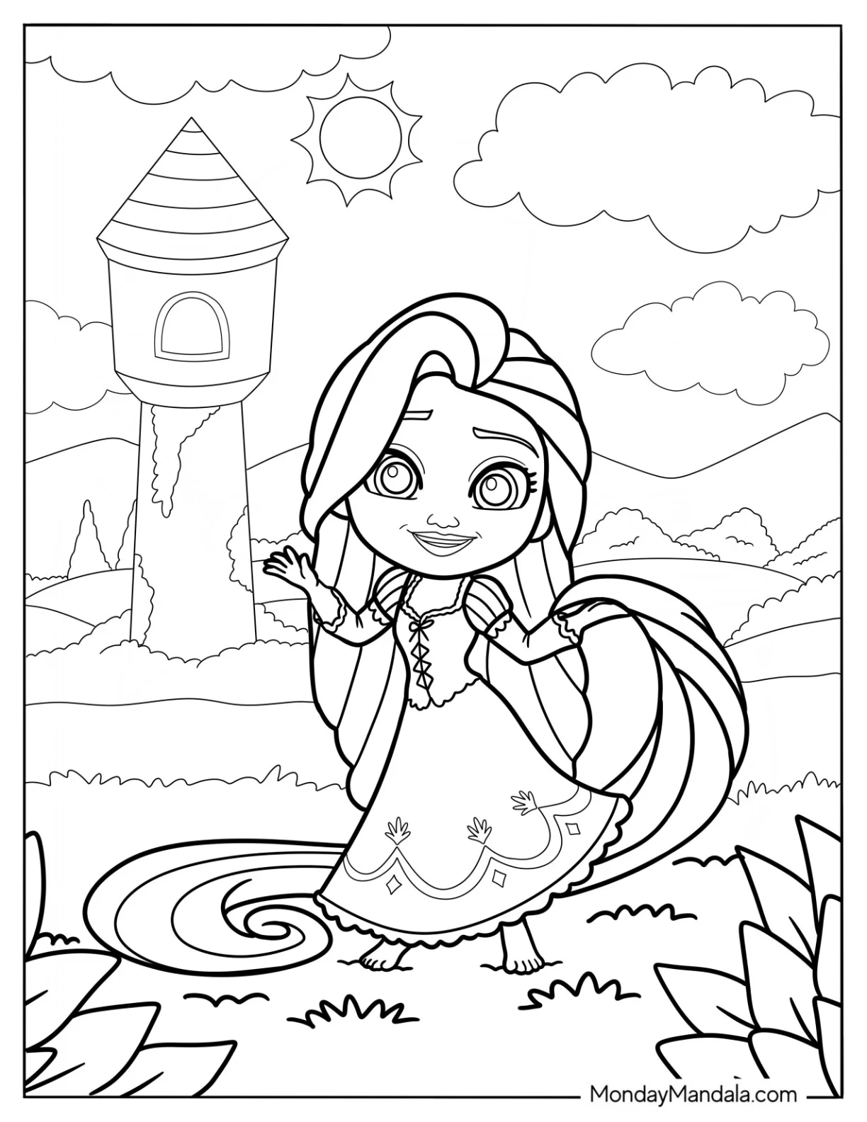 Cute Disney Coloring Page Of Shy Rapunzel Waving For Kids coloring page