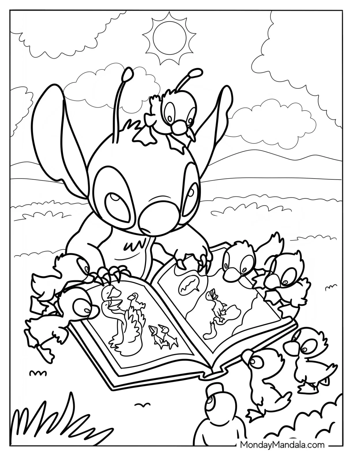 Cute Disney Coloring Page Of Stitch Reading A Book With Ducklings coloring page