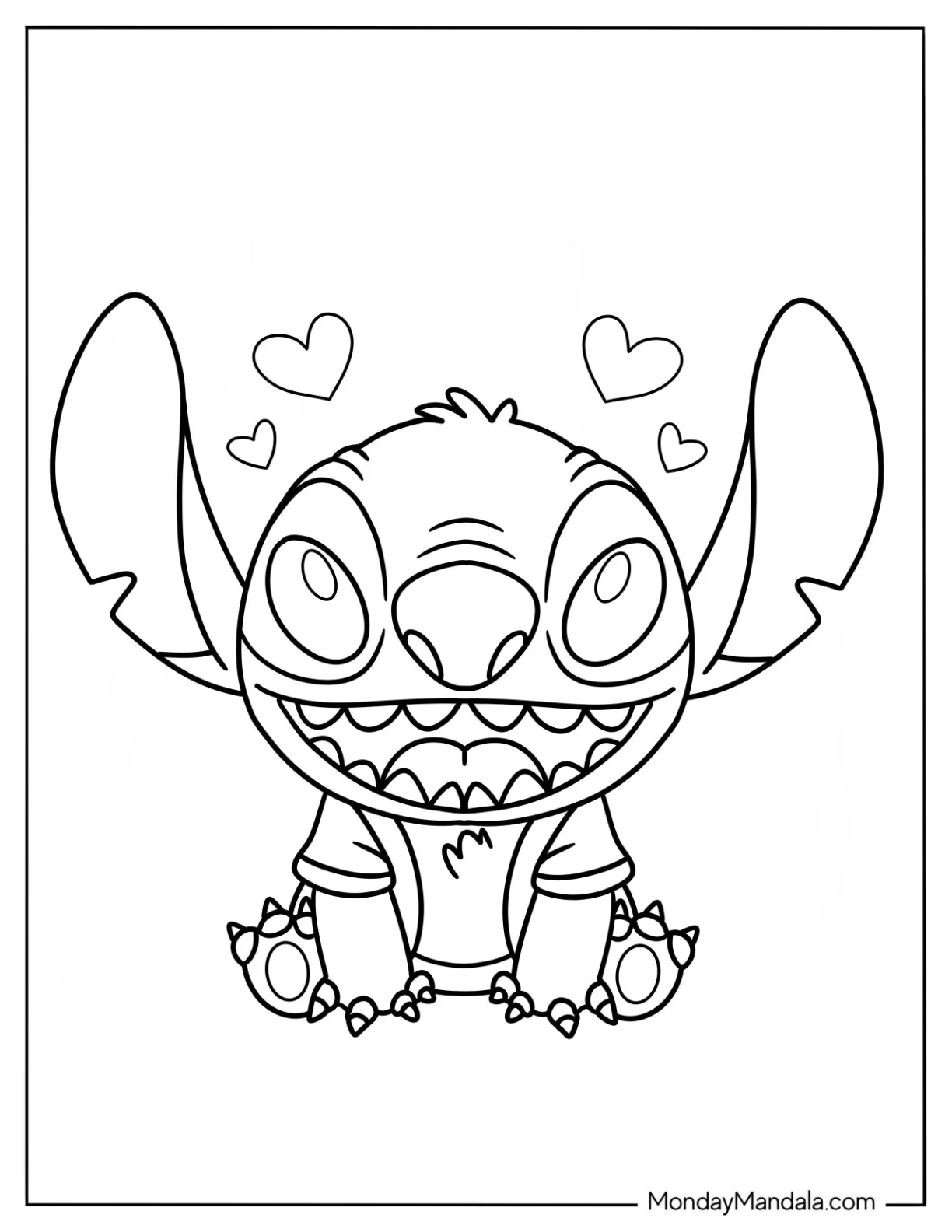 Cute Disney Coloring Page Of Stitch With Love Hearts For Kids coloring page