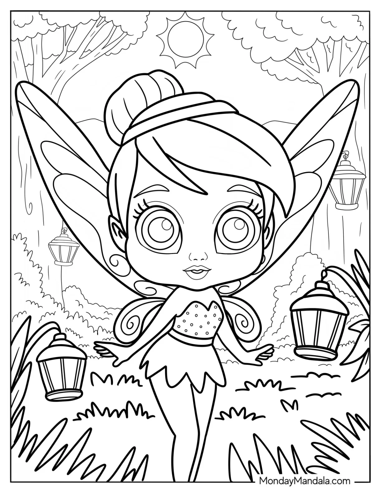Cute Disney Coloring Page Of Tinker Bell In A Garden With Lamps coloring page
