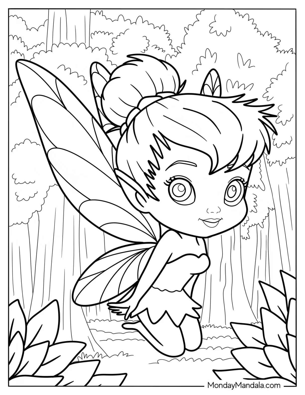 Cute Disney Coloring Page Of Tinker Bell Lingering In The Forest coloring page