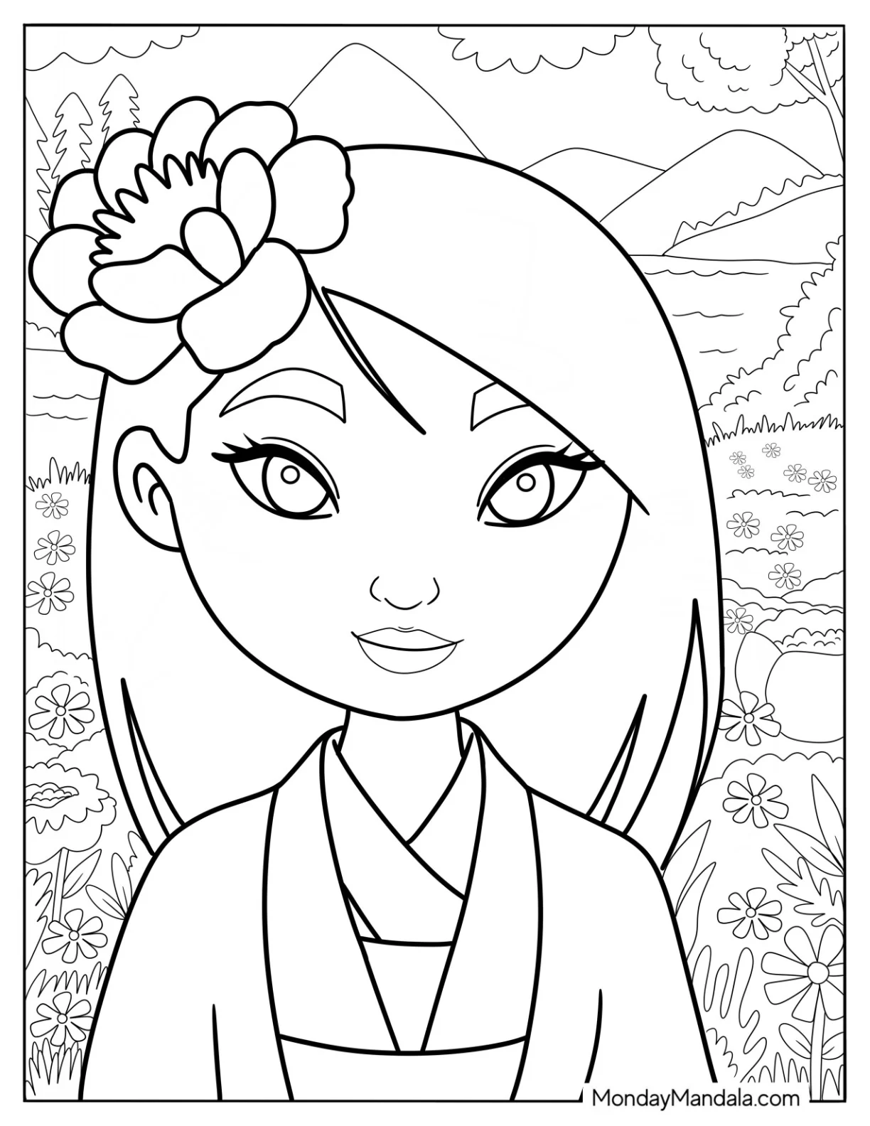 Simple Cute Disney Coloring Page Of Mulan With Flower In Her Hair coloring page