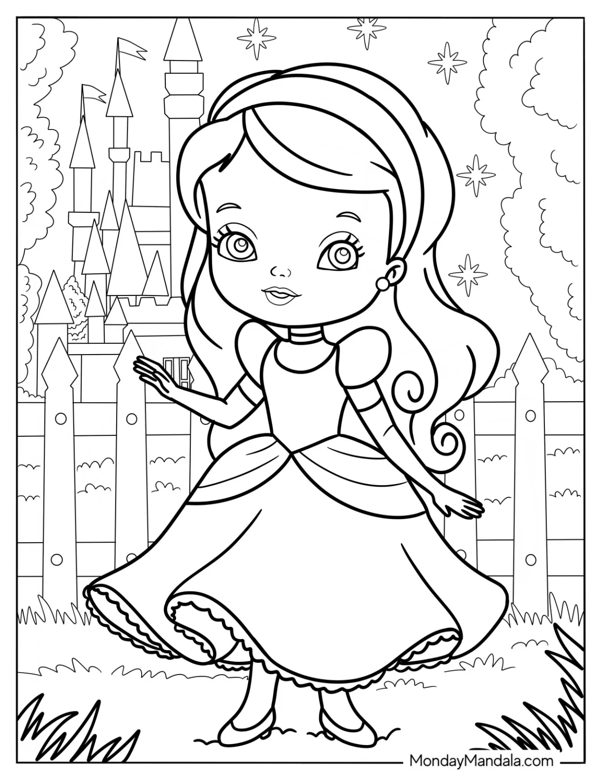 Young Cute Disney Coloring Page Of Cinderella Outside Her Castle coloring page