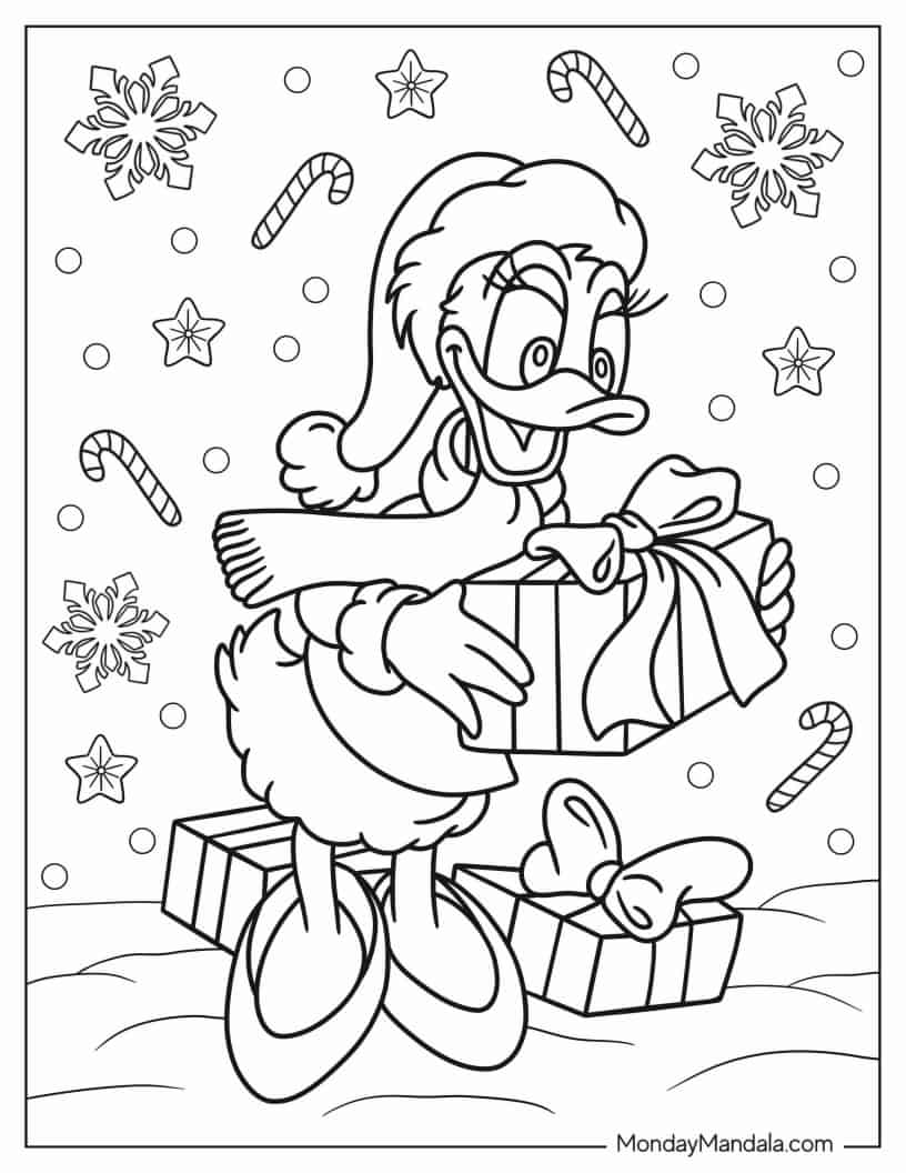 Coloring Sheet Of Daisy Duck With Christmas Present coloring page — printable line art